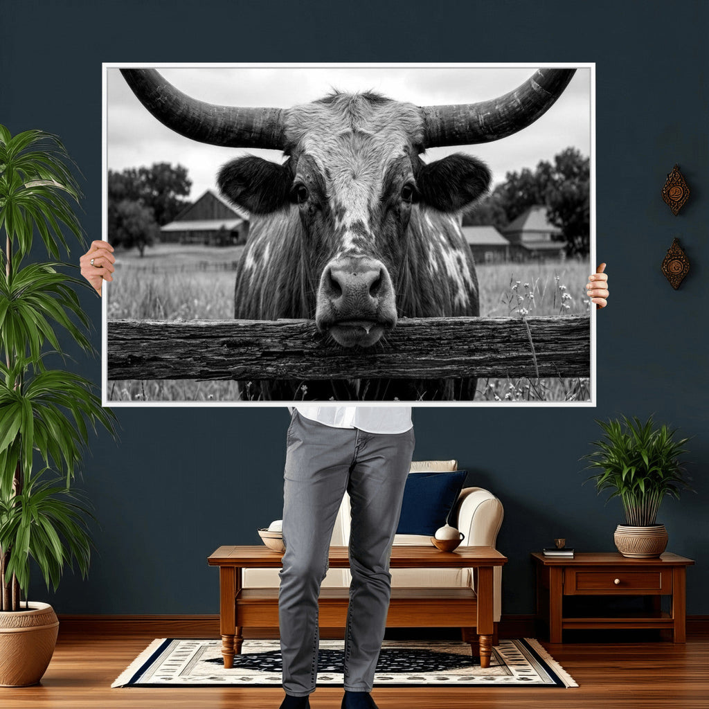 Black White Texas Longhorn Bull Canvas Wall Art, Western Ranch Cattle