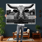 Black White Texas Longhorn Bull Canvas Wall Art, Western Ranch Cattle