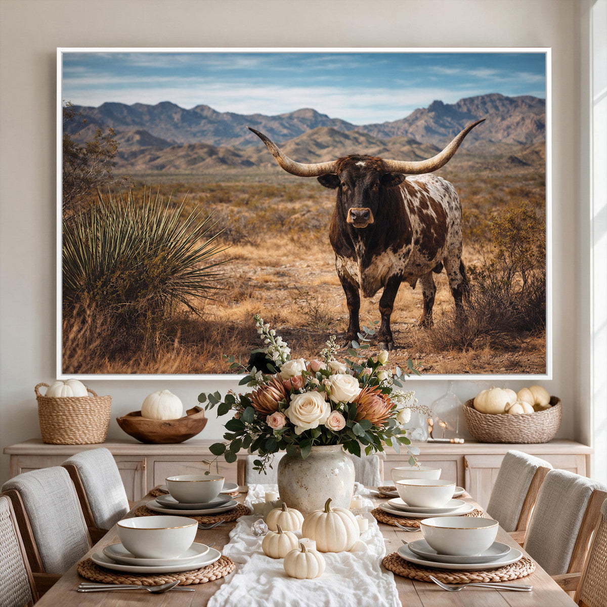 Texas Longhorn Bull Wall Art Canvas Print, Western Farmhouse Decor