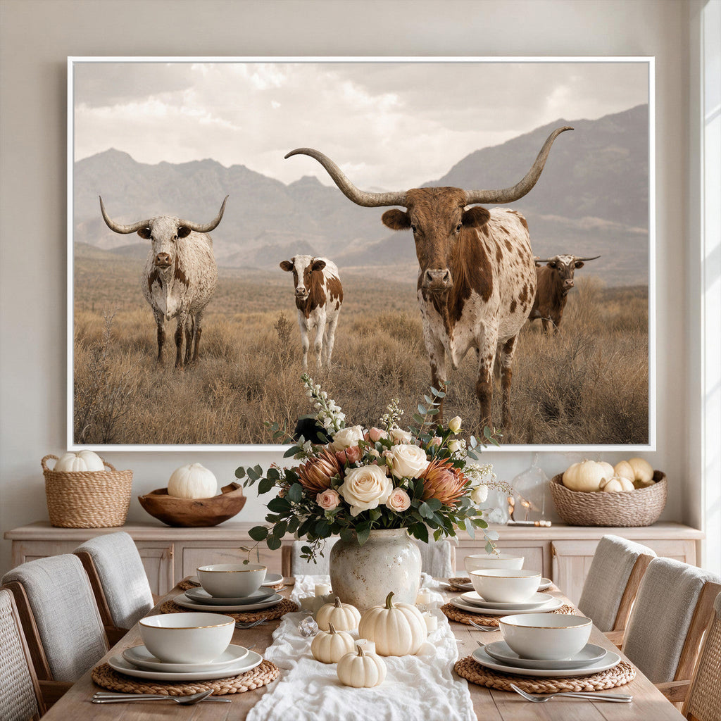 Rustic Texas Longhorn Cow Canvas Wall Art Print, Rustic Farm Animal