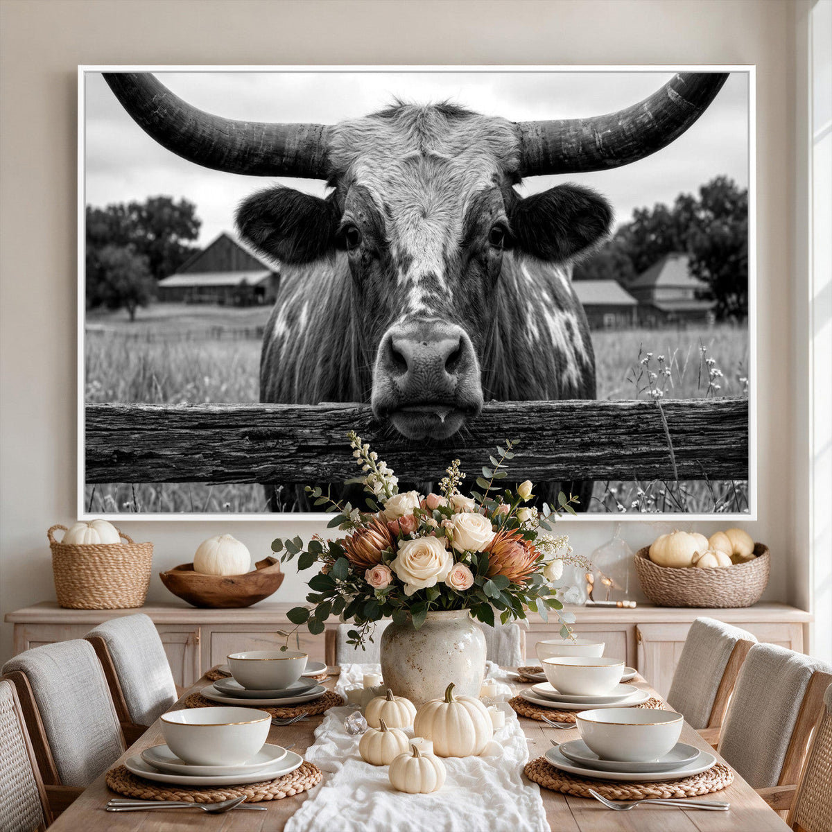 Black White Texas Longhorn Bull Canvas Wall Art, Western Ranch Cattle