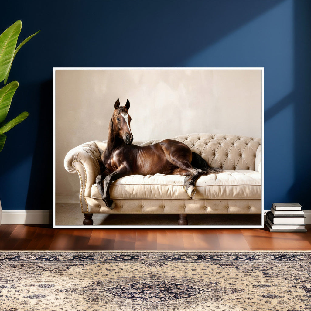 Funny Horse on Sofa Canvas Wall Art, Quirky Horse Lounging Photo
