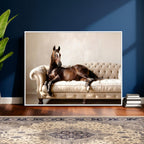 Funny Horse on Sofa Canvas Wall Art, Quirky Horse Lounging Photo