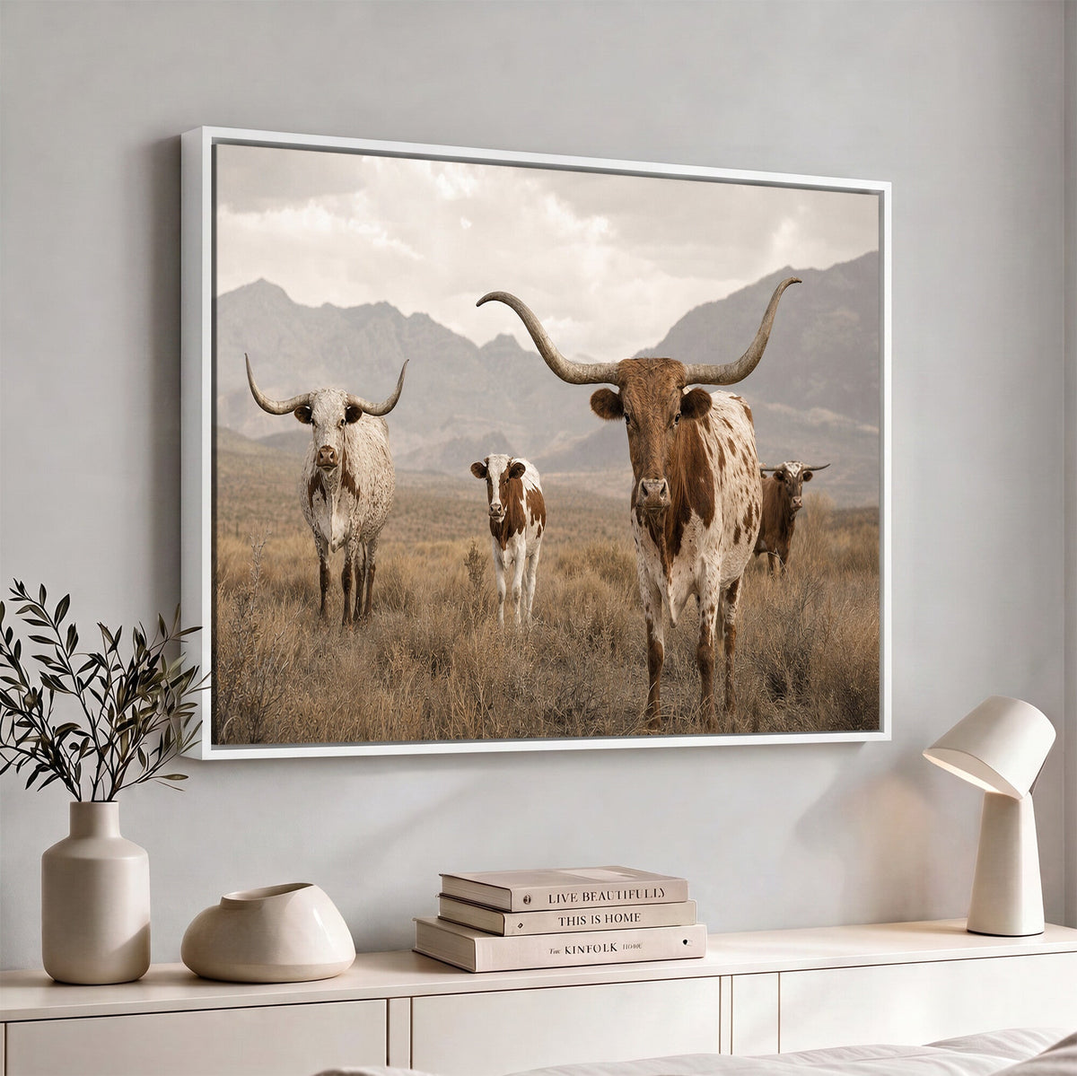 Rustic Texas Longhorn Cow Canvas Wall Art Print, Rustic Farm Animal