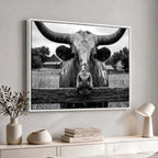 Black White Texas Longhorn Bull Canvas Wall Art, Western Ranch Cattle