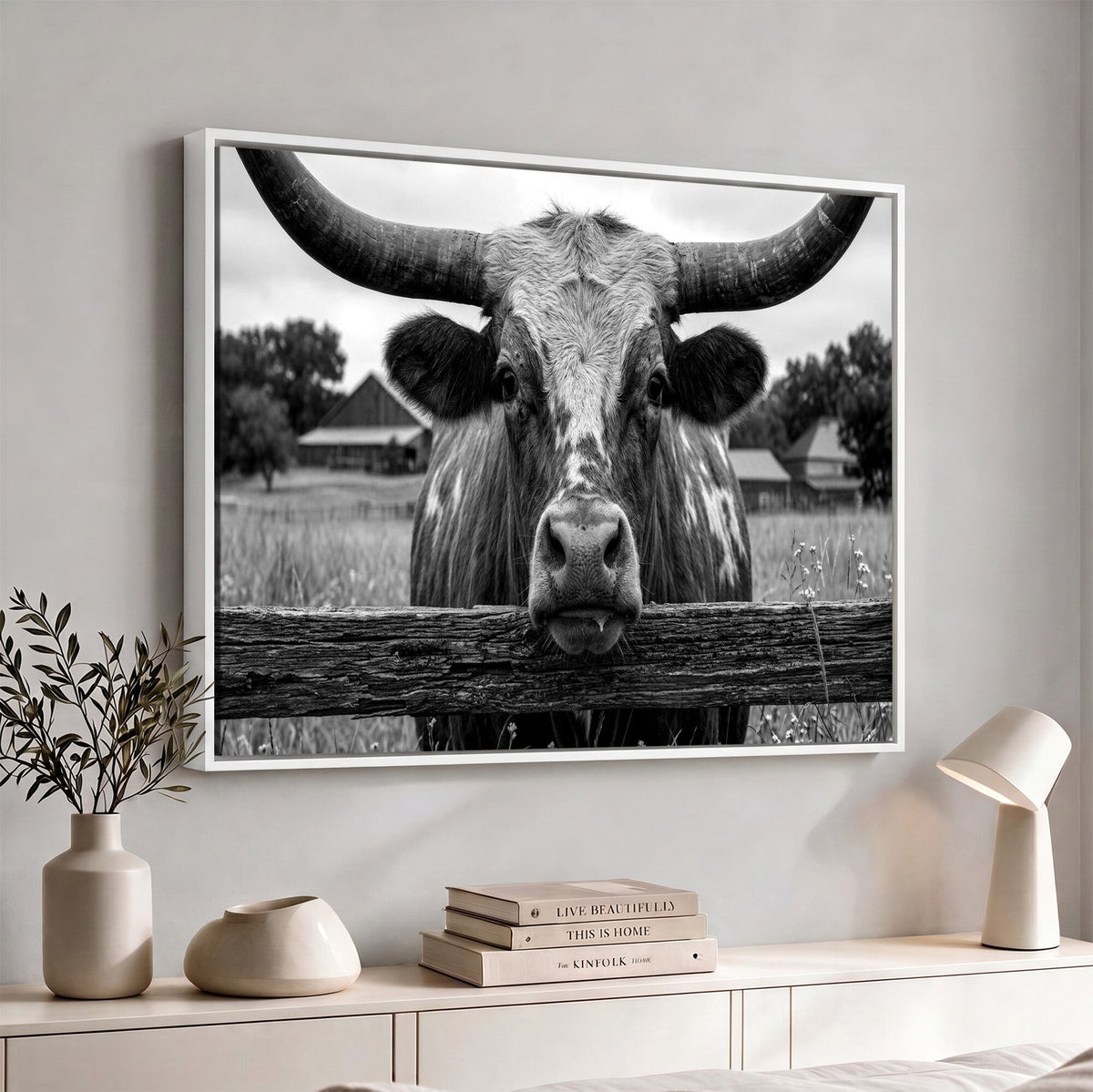 Black White Texas Longhorn Bull Canvas Wall Art, Western Ranch Cattle