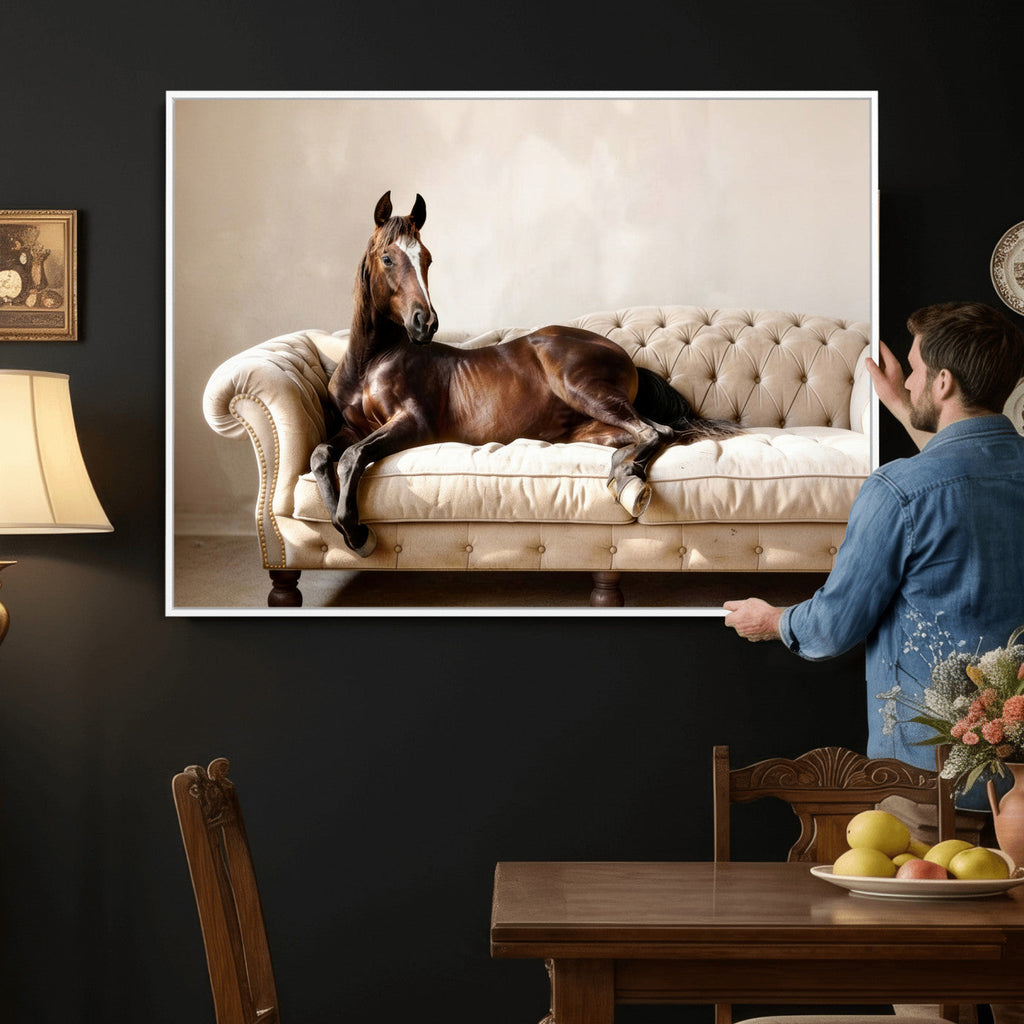 Funny Horse on Sofa Canvas Wall Art, Quirky Horse Lounging Photo