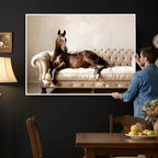 Funny Horse on Sofa Canvas Wall Art, Quirky Horse Lounging Photo