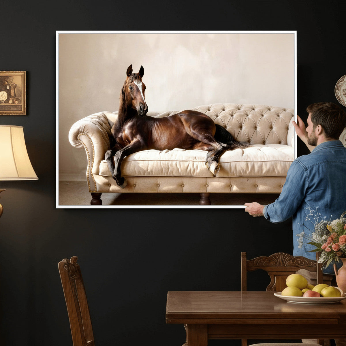 Funny Horse on Sofa Canvas Wall Art, Quirky Horse Lounging Photo
