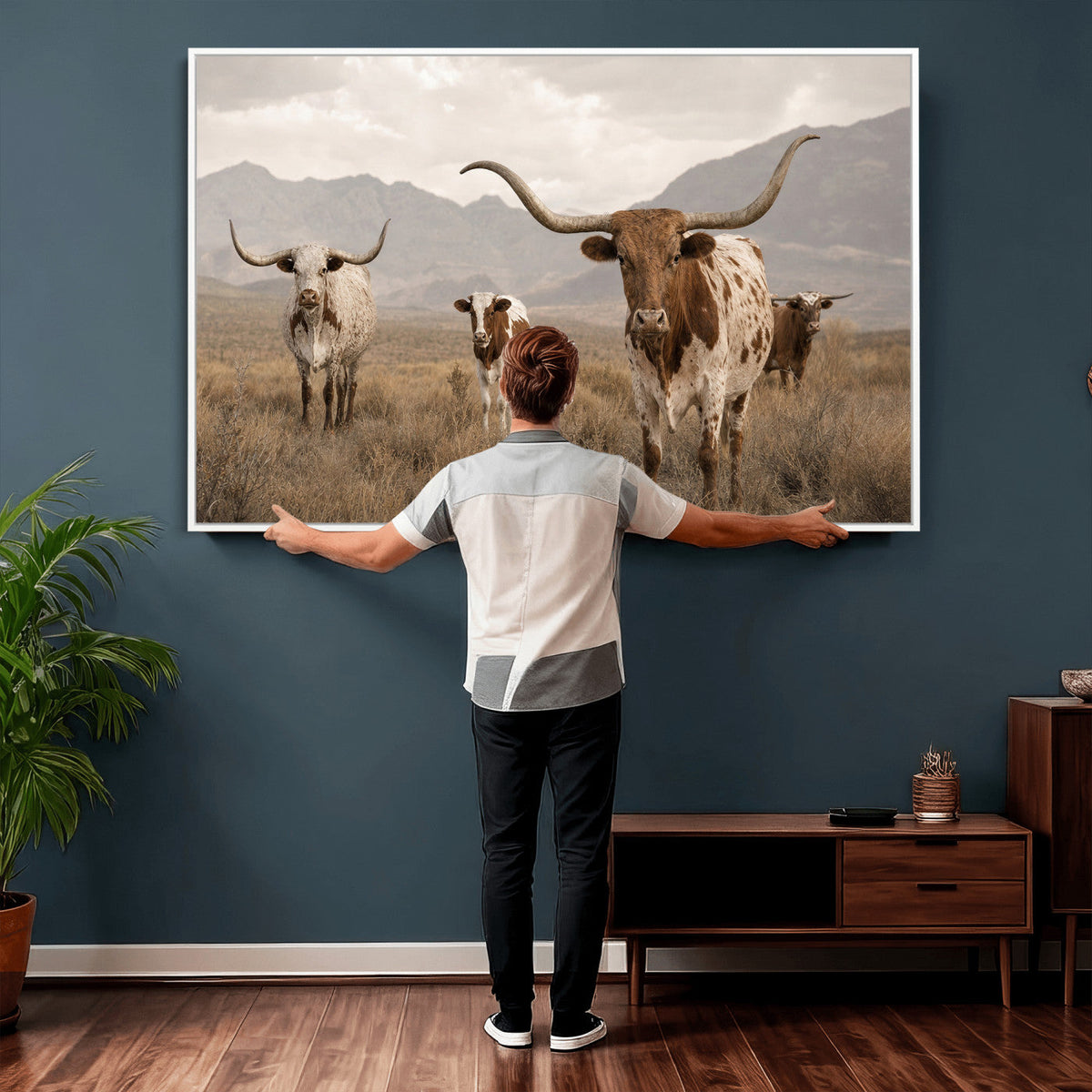 Rustic Texas Longhorn Cow Canvas Wall Art Print, Rustic Farm Animal