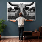 Black White Texas Longhorn Bull Canvas Wall Art, Western Ranch Cattle