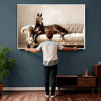 Funny Horse on Sofa Canvas Wall Art, Quirky Horse Lounging Photo