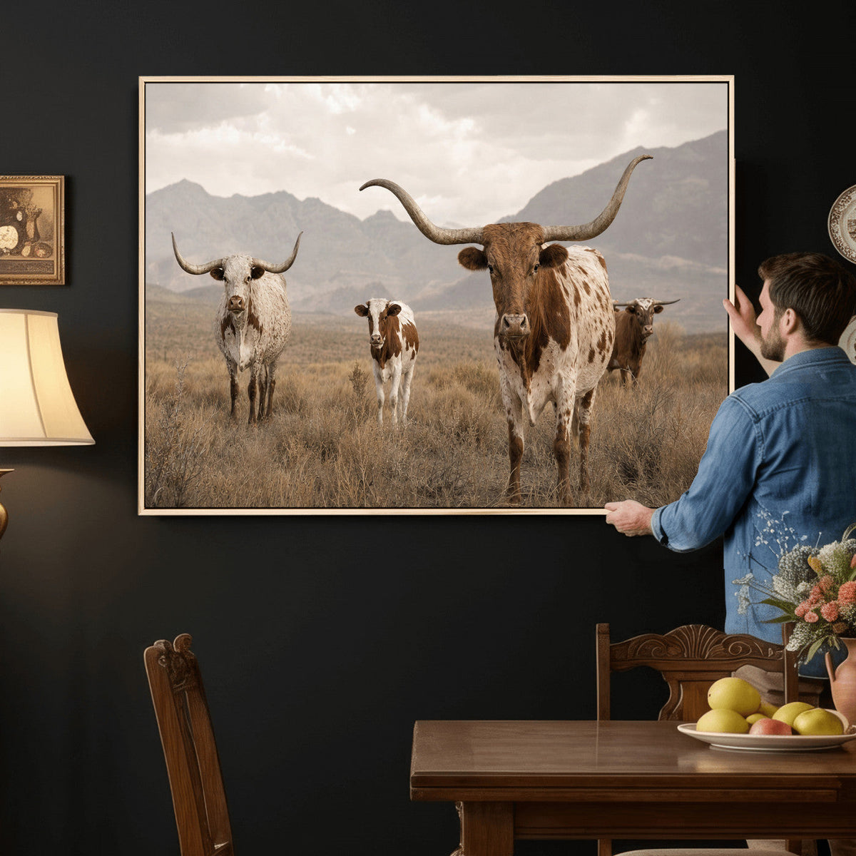 Rustic Texas Longhorn Cow Canvas Wall Art Print, Rustic Farm Animal