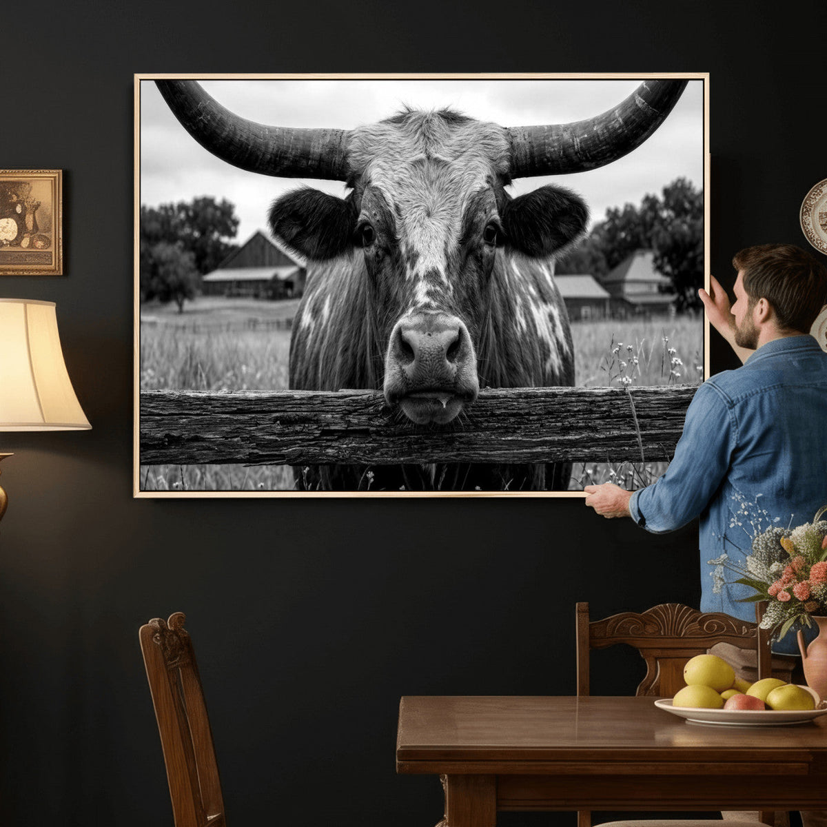 Black White Texas Longhorn Bull Canvas Wall Art, Western Ranch Cattle
