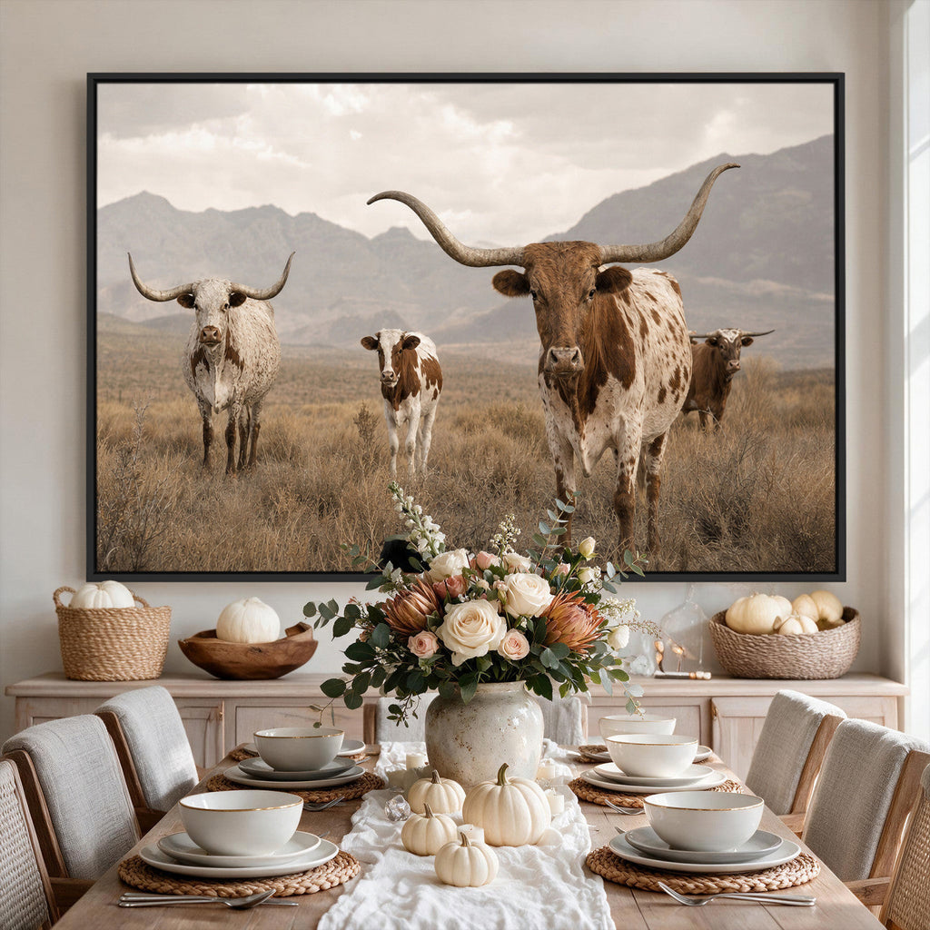 Rustic Texas Longhorn Cow Canvas Wall Art Print, Rustic Farm Animal