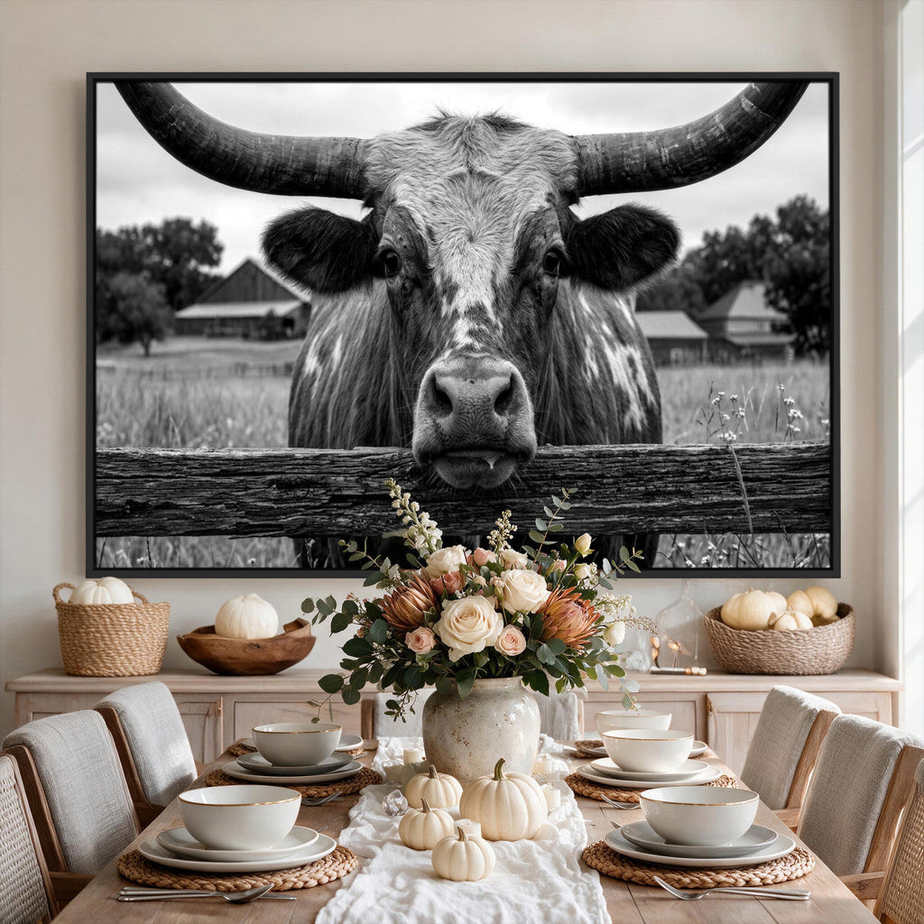Black White Texas Longhorn Bull Canvas Wall Art, Western Ranch Cattle