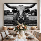 Black White Texas Longhorn Bull Canvas Wall Art, Western Ranch Cattle