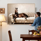 Funny Horse on Sofa Canvas Wall Art, Quirky Horse Lounging Photo