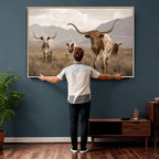 Rustic Texas Longhorn Cow Canvas Wall Art Print, Rustic Farm Animal