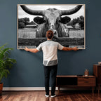 Black White Texas Longhorn Bull Canvas Wall Art, Western Ranch Cattle