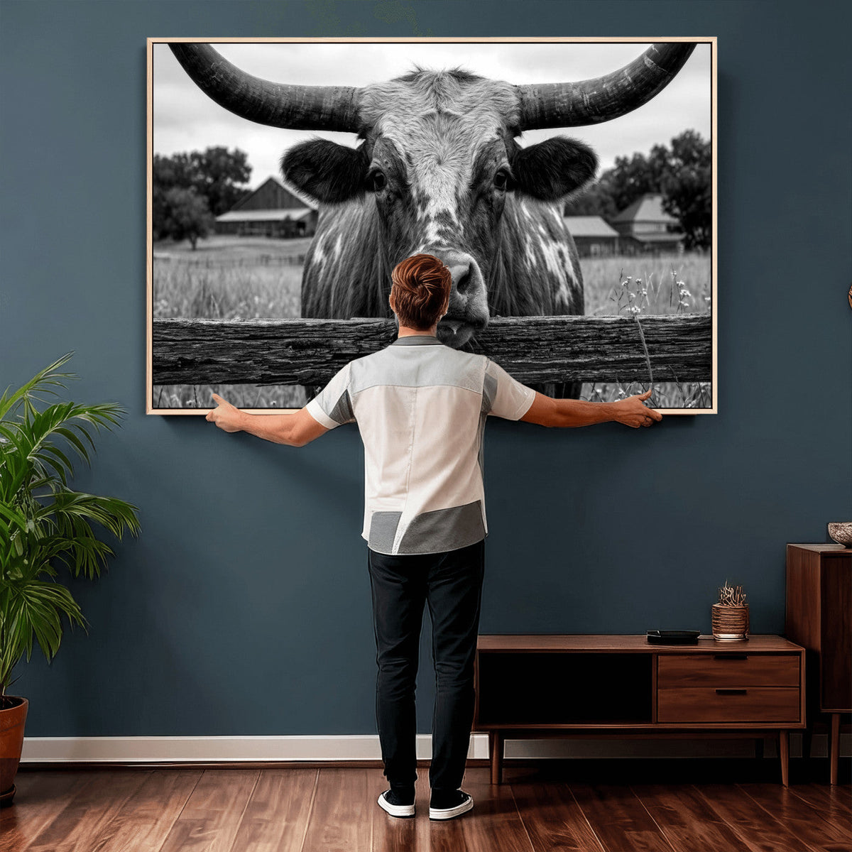 Black White Texas Longhorn Bull Canvas Wall Art, Western Ranch Cattle