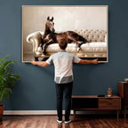 Funny Horse on Sofa Canvas Wall Art, Quirky Horse Lounging Photo