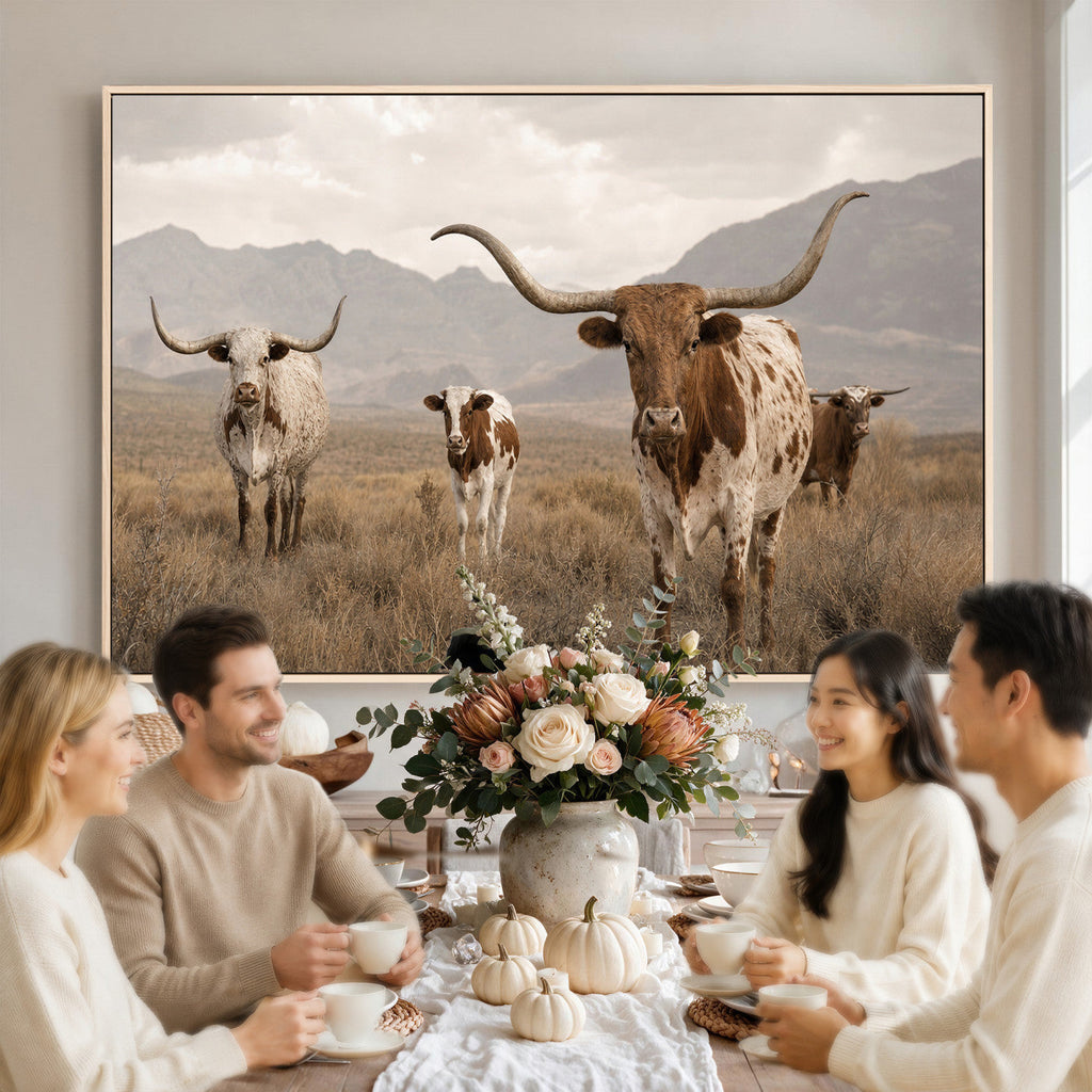 Rustic Texas Longhorn Cow Canvas Wall Art Print, Rustic Farm Animal