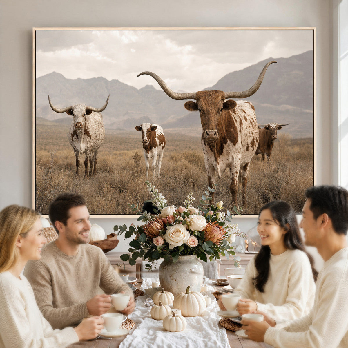 Rustic Texas Longhorn Cow Canvas Wall Art Print, Rustic Farm Animal