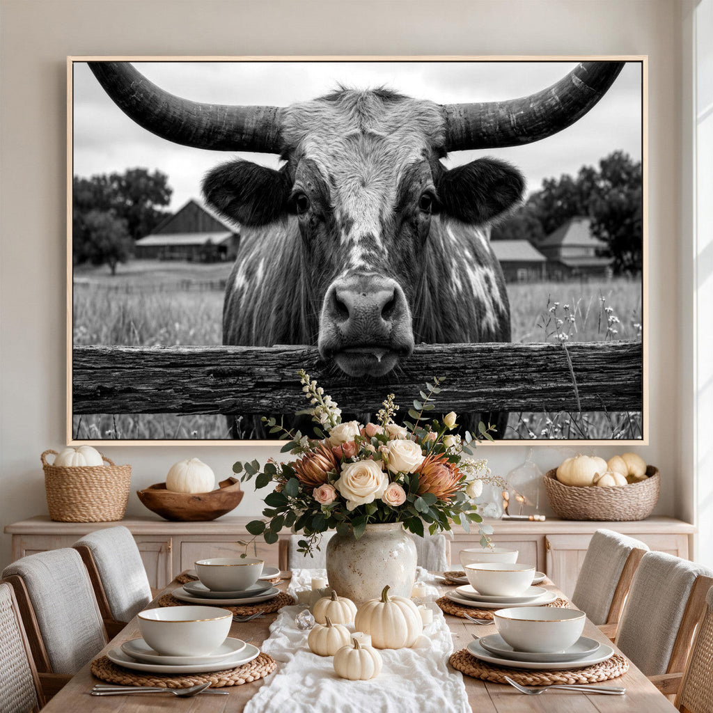 Black White Texas Longhorn Bull Canvas Wall Art, Western Ranch Cattle
