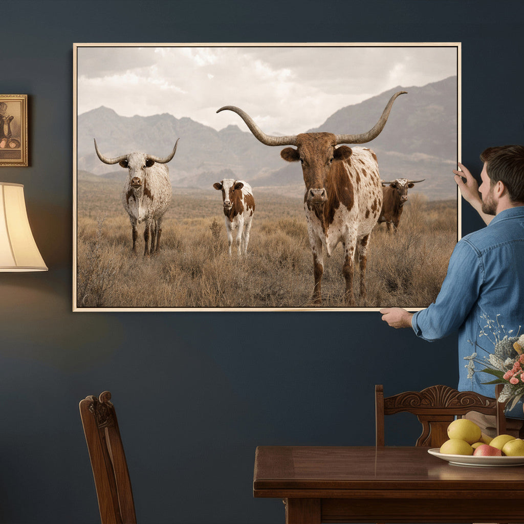 Rustic Texas Longhorn Cow Canvas Wall Art Print, Rustic Farm Animal
