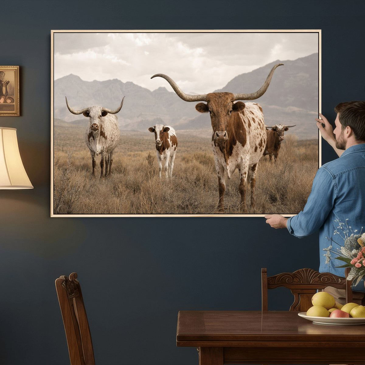 Rustic Texas Longhorn Cow Canvas Wall Art Print, Rustic Farm Animal