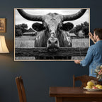 Black White Texas Longhorn Bull Canvas Wall Art, Western Ranch Cattle