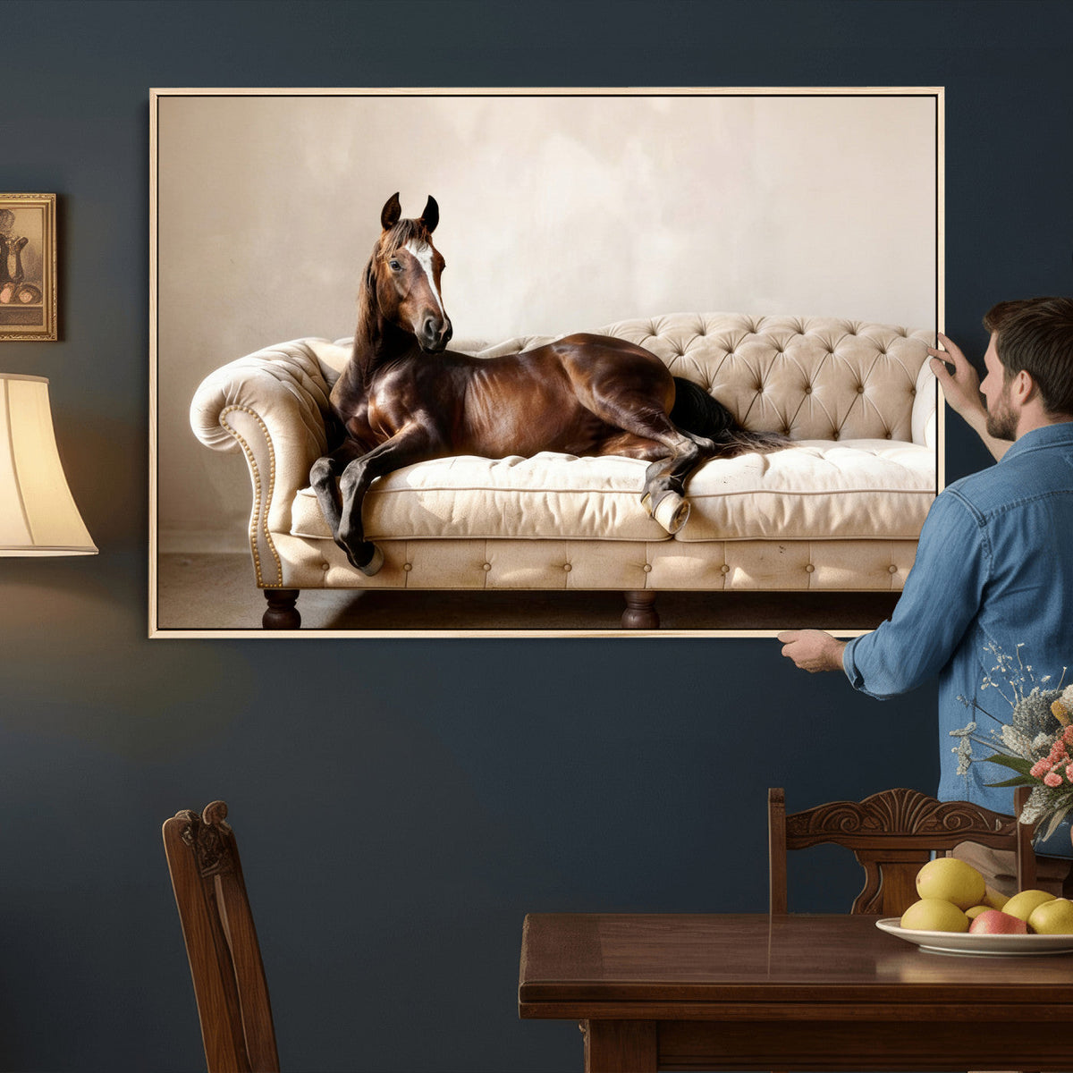 Funny Horse on Sofa Canvas Wall Art, Quirky Horse Lounging Photo