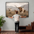 Rustic Texas Longhorn Cow Canvas Wall Art Print, Rustic Farm Animal