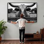 Black White Texas Longhorn Bull Canvas Wall Art, Western Ranch Cattle