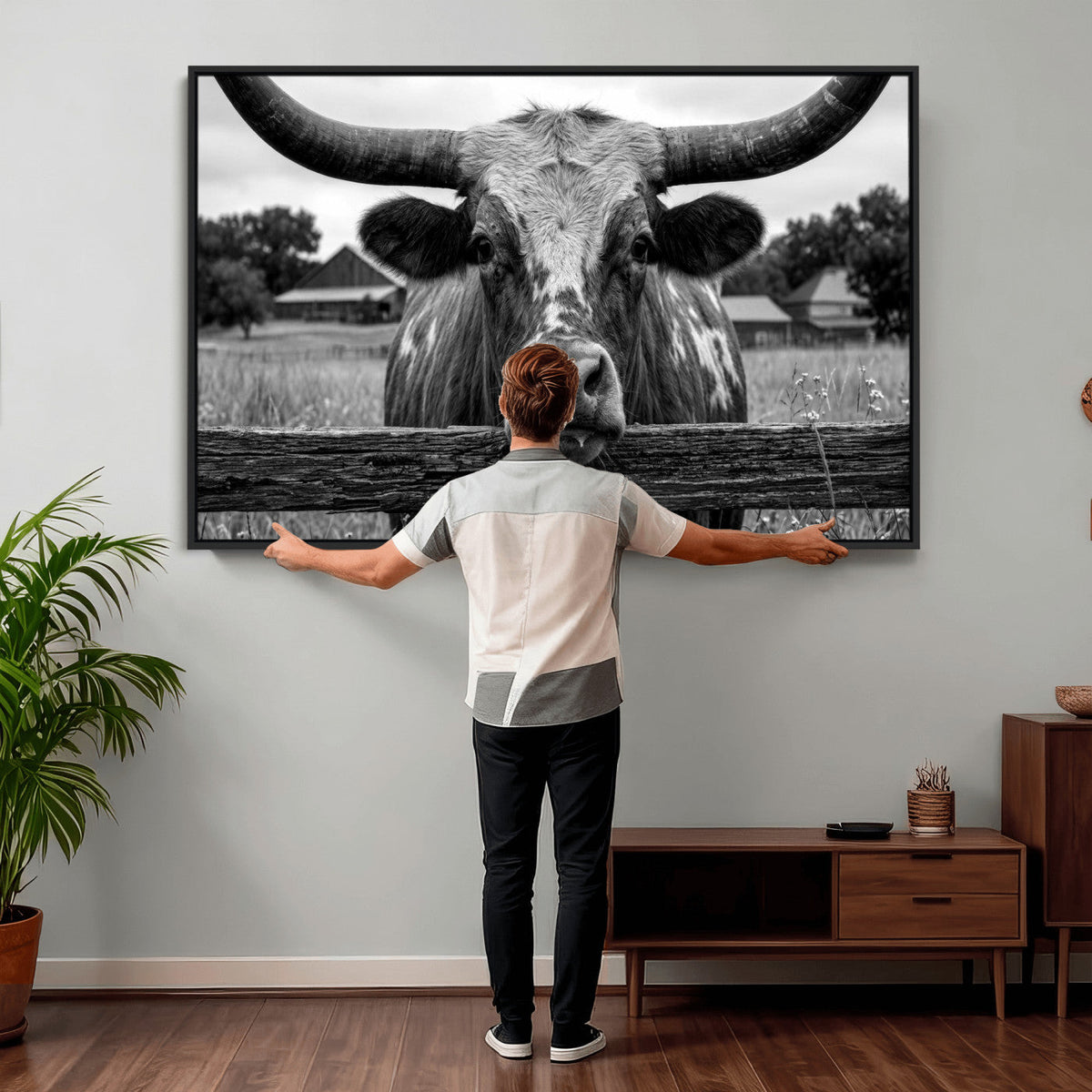 Black White Texas Longhorn Bull Canvas Wall Art, Western Ranch Cattle