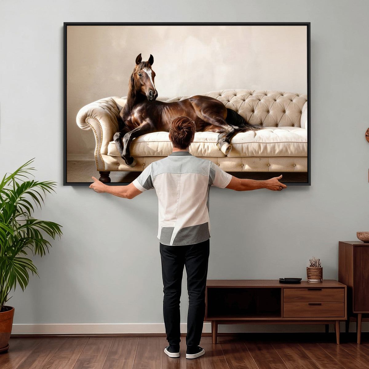 Funny Horse on Sofa Canvas Wall Art, Quirky Horse Lounging Photo