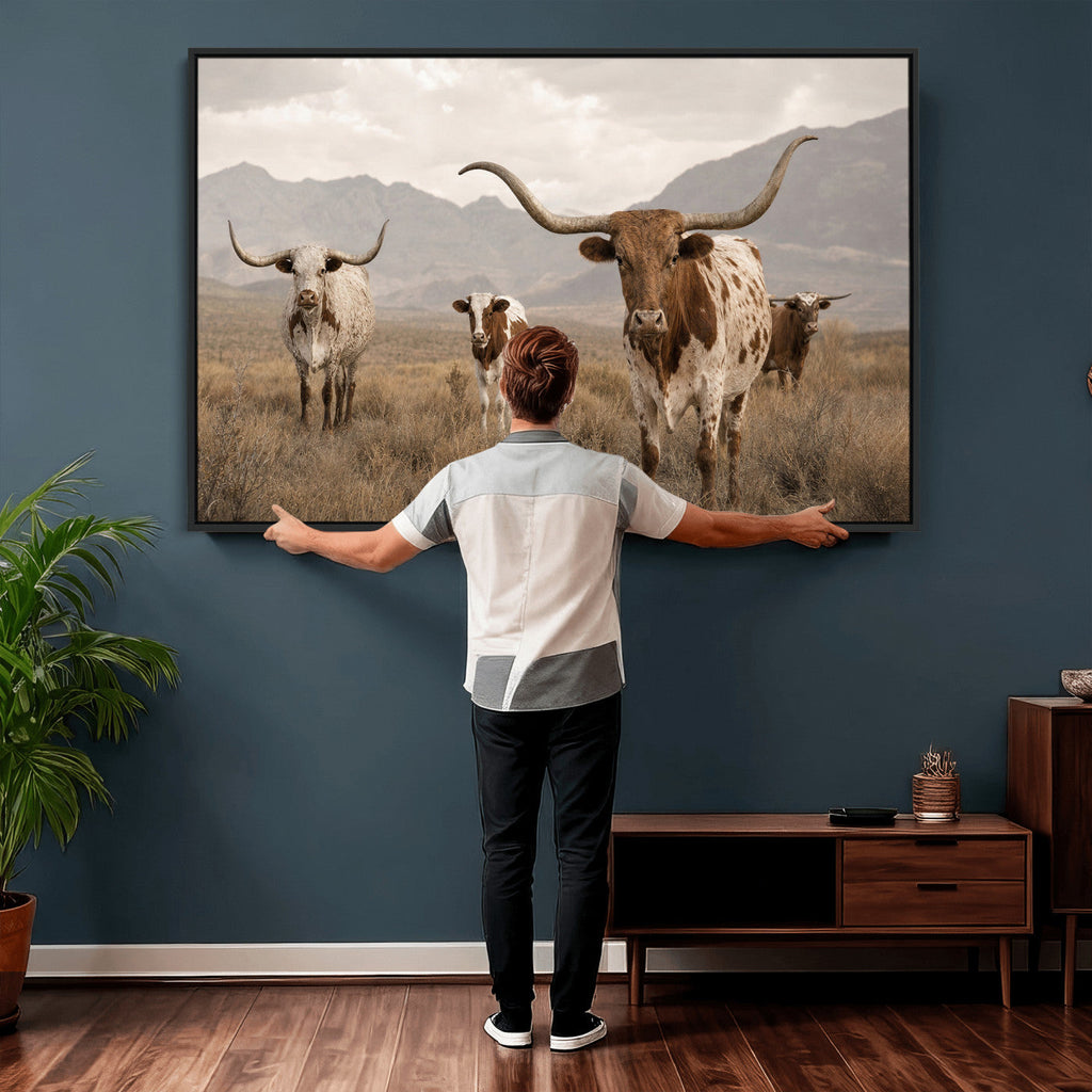Rustic Texas Longhorn Cow Canvas Wall Art Print, Rustic Farm Animal