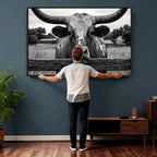 Black White Texas Longhorn Bull Canvas Wall Art, Western Ranch Cattle