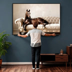 Funny Horse on Sofa Canvas Wall Art, Quirky Horse Lounging Photo