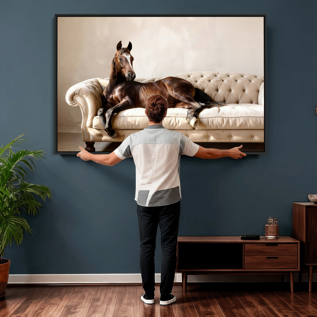 Funny Horse on Sofa Canvas Wall Art, Quirky Horse Lounging Photo
