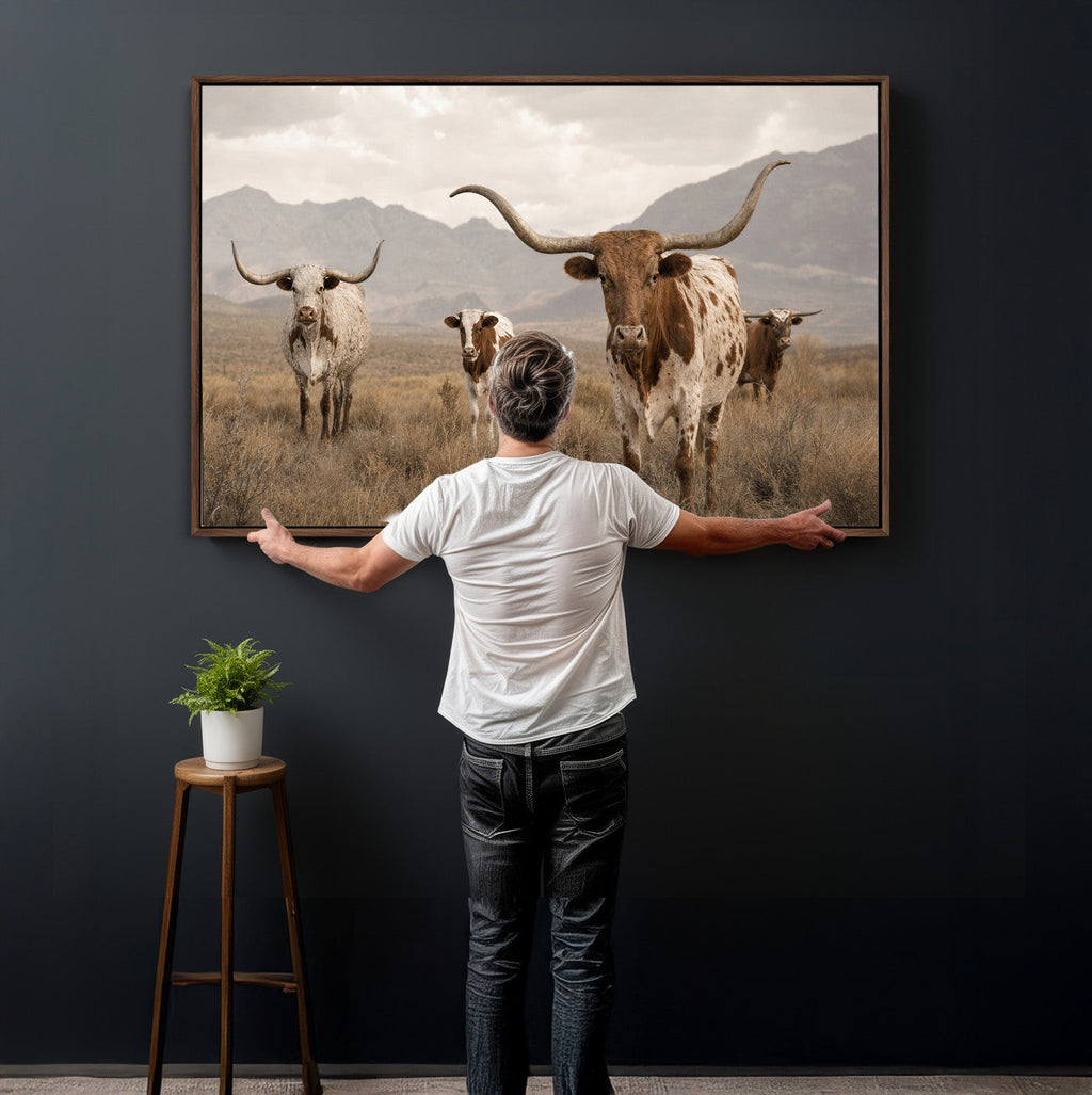 Rustic Texas Longhorn Cow Canvas Wall Art Print, Rustic Farm Animal
