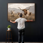 Rustic Texas Longhorn Cow Canvas Wall Art Print, Rustic Farm Animal