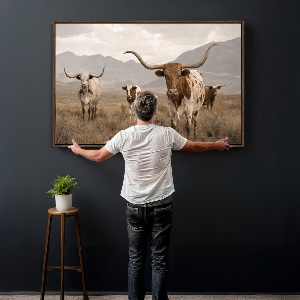 Rustic Texas Longhorn Cow Canvas Wall Art Print, Rustic Farm Animal