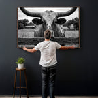 Black White Texas Longhorn Bull Canvas Wall Art, Western Ranch Cattle