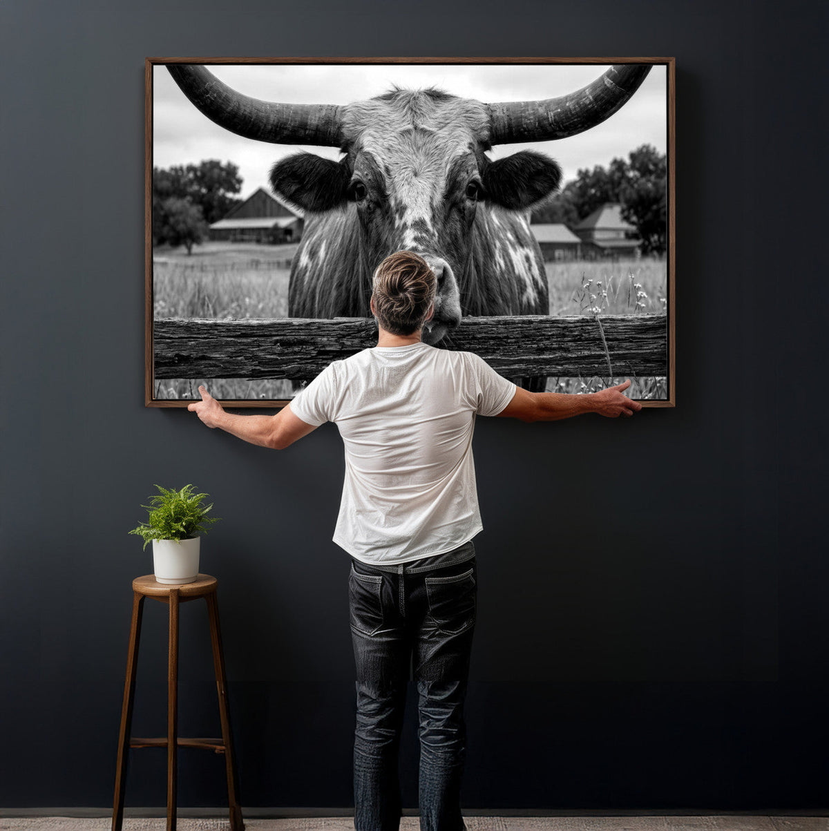 Black White Texas Longhorn Bull Canvas Wall Art, Western Ranch Cattle