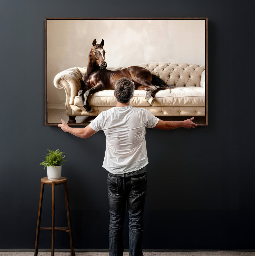 Funny Horse on Sofa Canvas Wall Art, Quirky Horse Lounging Photo