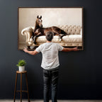 Funny Horse on Sofa Canvas Wall Art, Quirky Horse Lounging Photo