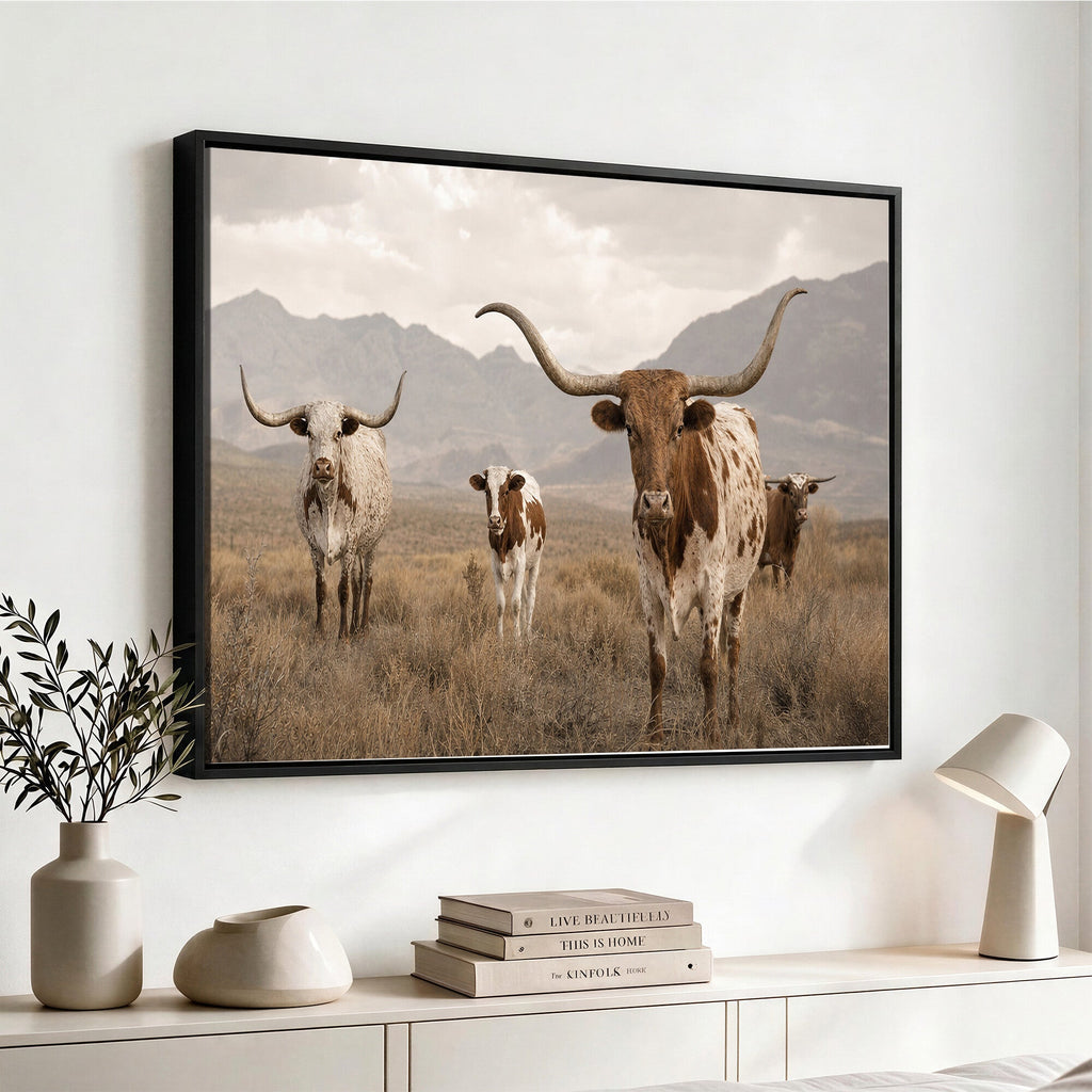 Rustic Texas Longhorn Cow Canvas Wall Art Print, Rustic Farm Animal