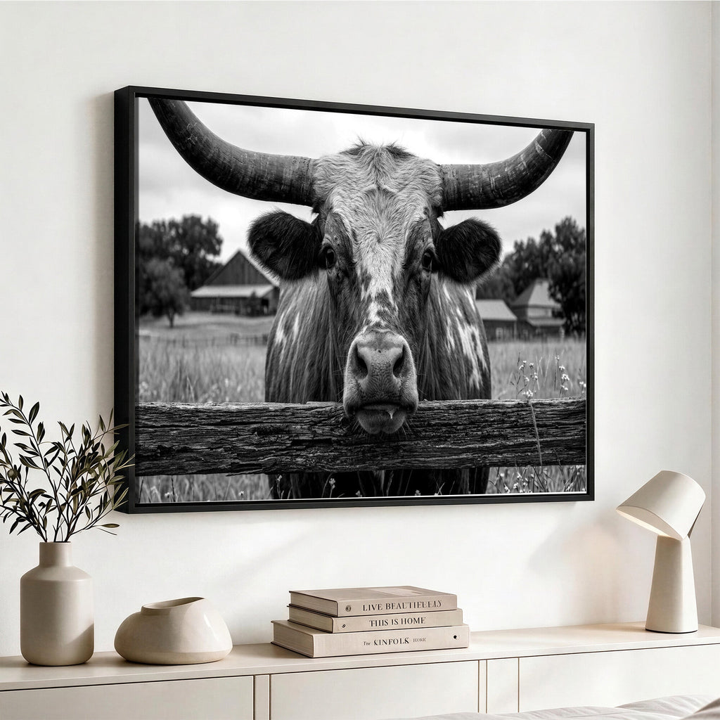 Black White Texas Longhorn Bull Canvas Wall Art, Western Ranch Cattle